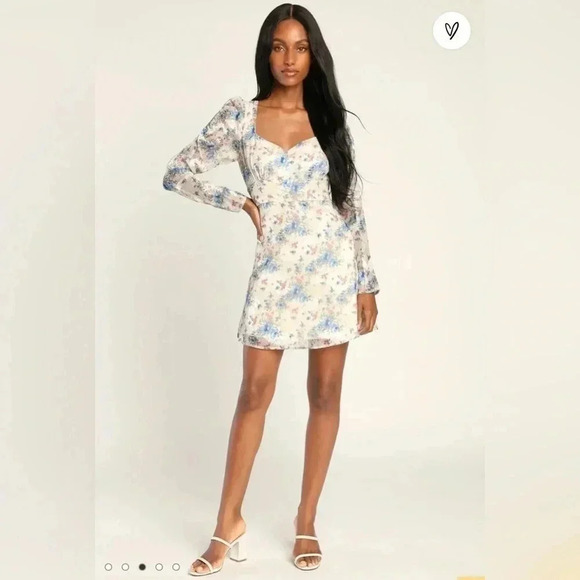 LULU'S Lovely Type Ivory Floral Print Puff Sleeve A-Line Mini Dress Sz Medium - Picture 10 of 13